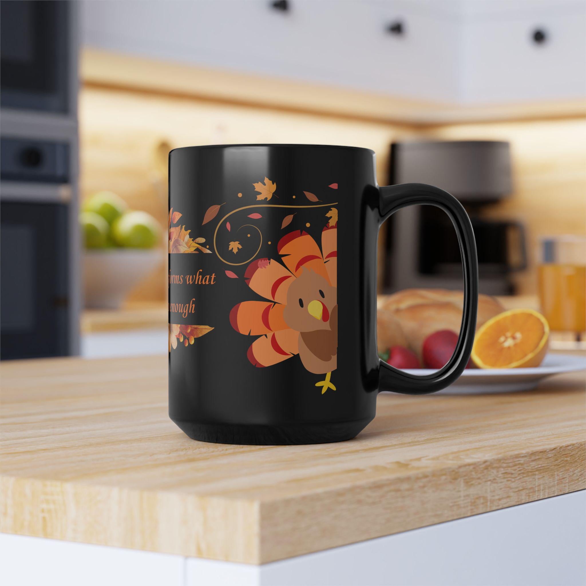 Black Thanksgiving Autumn Turkey Mug, Fall Turkey Coffee Cup, Autumn Leaf Ceramic Mug