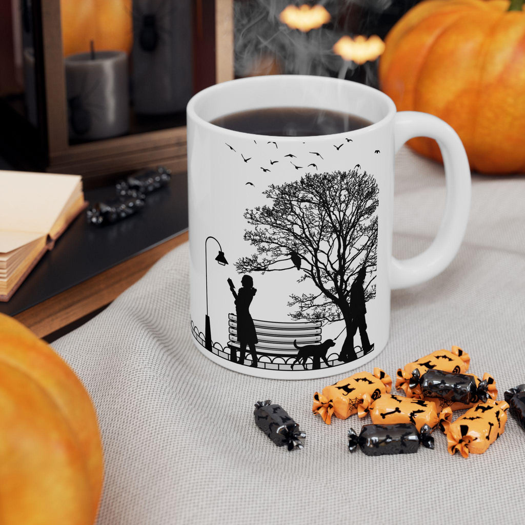 Minimalist Park Scene Mug, Black and White Cycling, Walking Silhouette Coffee Cup