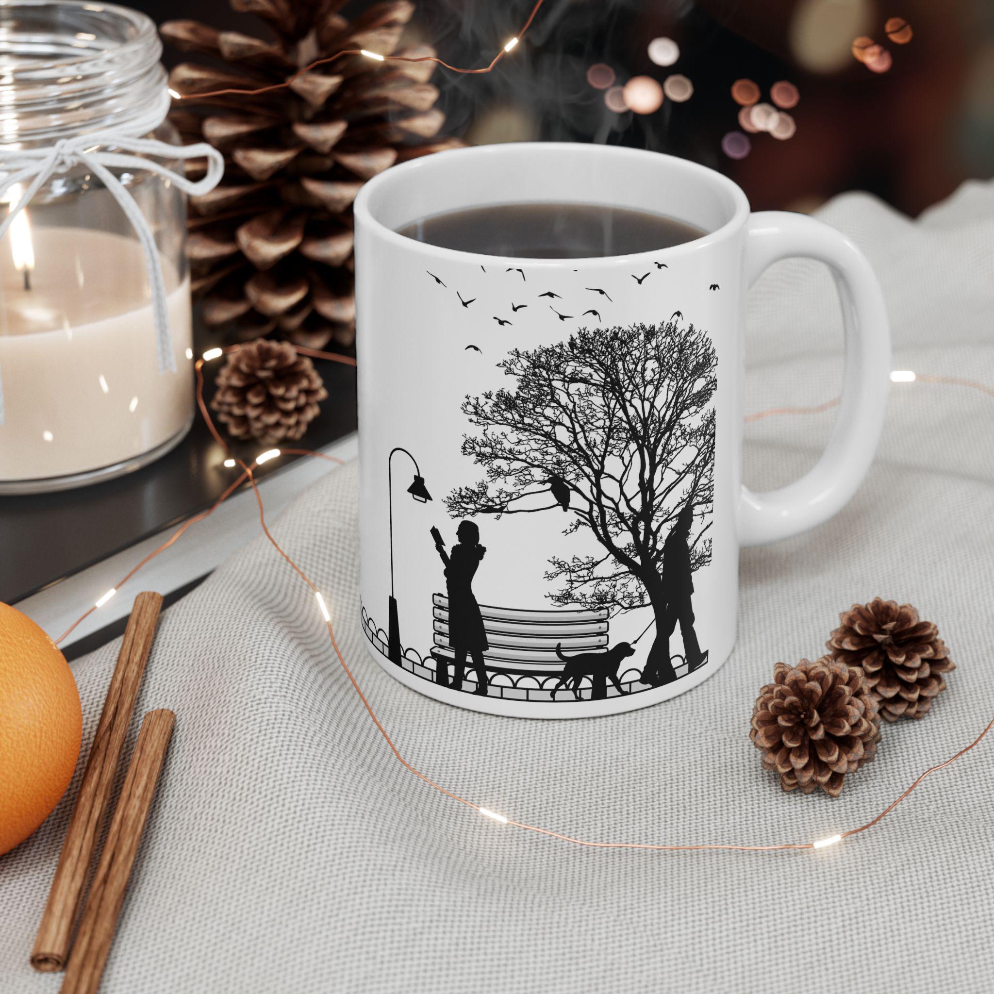 Minimalist Park Scene Mug, Black and White Cycling, Walking Silhouette Coffee Cup
