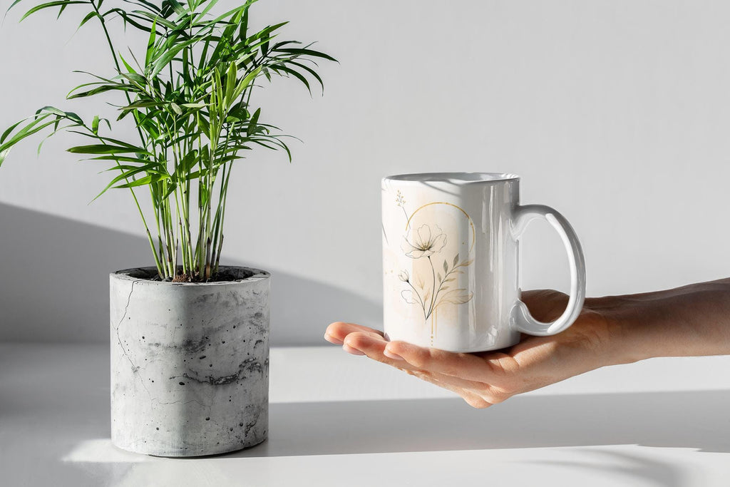 Minimalist Botanical Flower Mug | Ceramic Coffee Cup | Warm Tones, Organic Vibe