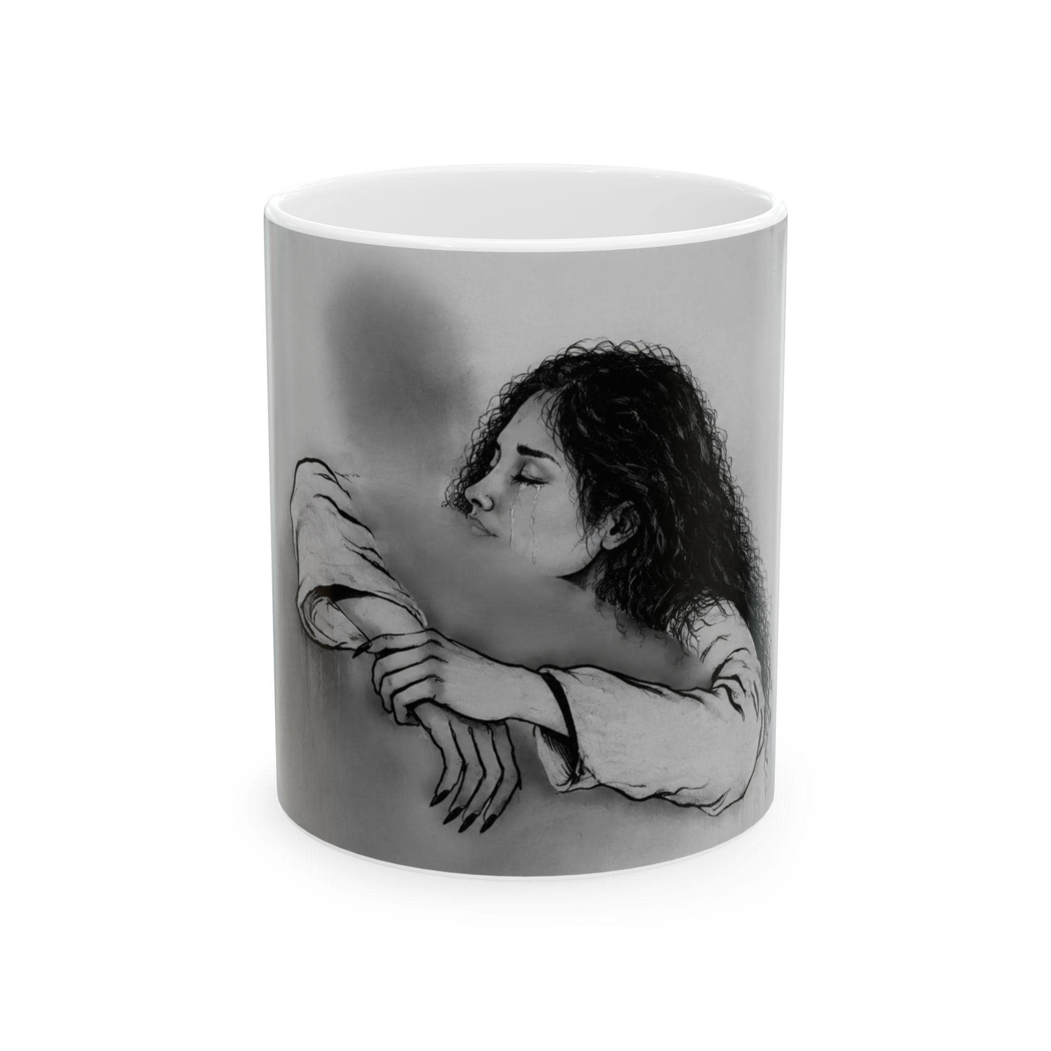 Overcoming grief | Embrace Illustration Ceramic Mug | Grayscale Hug Art Print