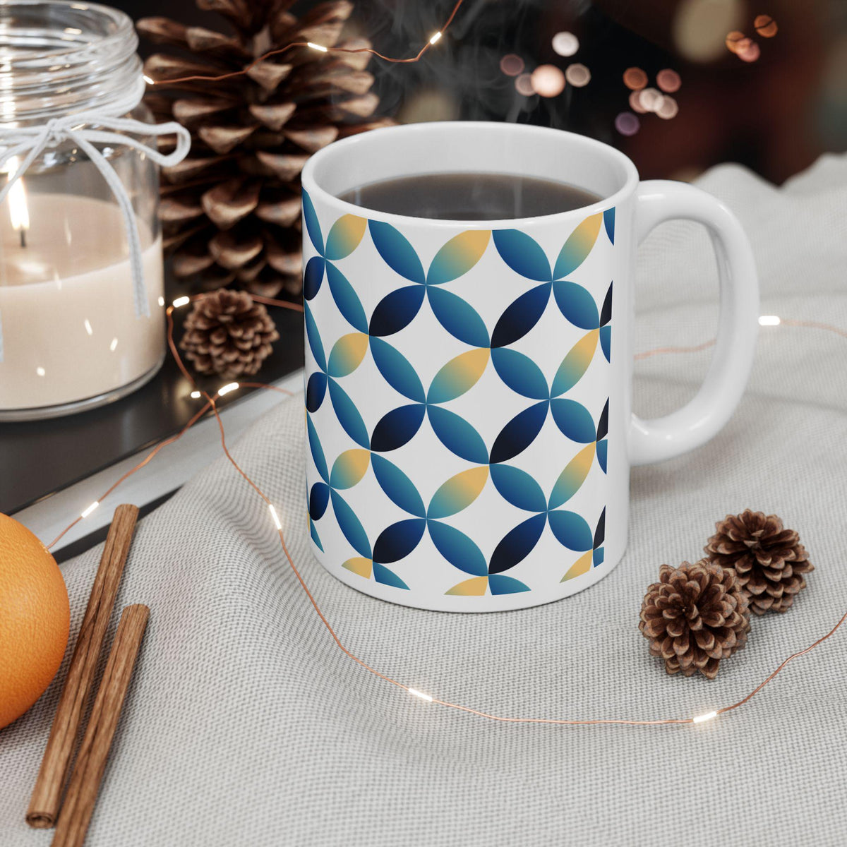 Blue Yellow Geometric Petal Pattern Mug | Ceramic Mug