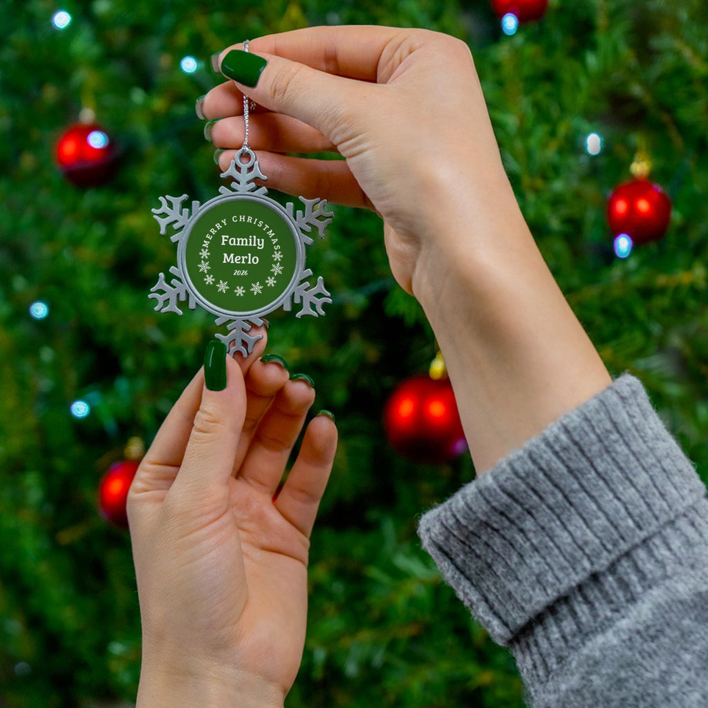 Personalized Merry Christmas Snowflake Ornament | Pewter Family Keepsake