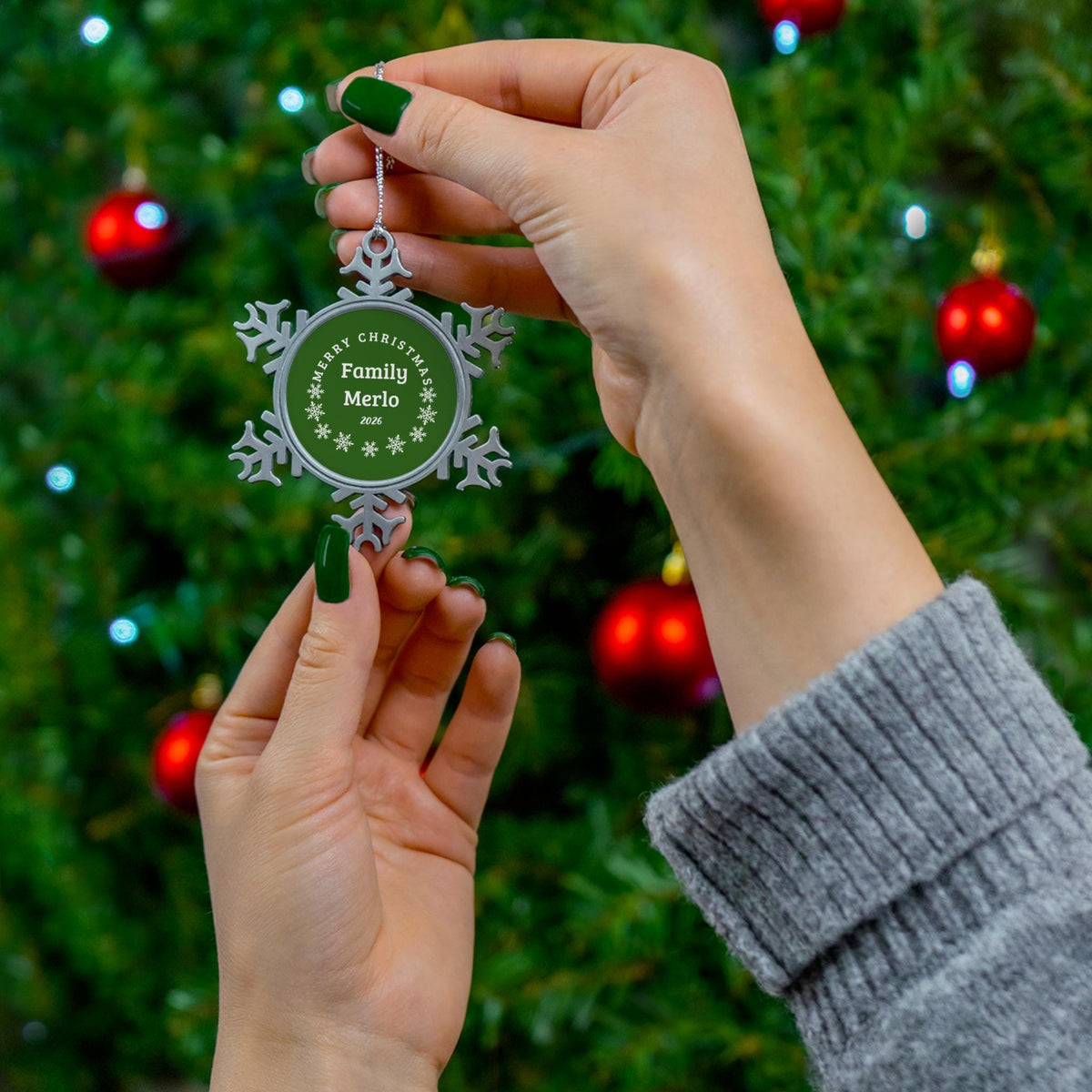 Personalized Merry Christmas Snowflake Ornament | Pewter Family Keepsake