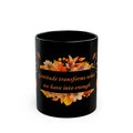 Black Thanksgiving Gratitude Mug, Turkey & Autumn Leaves Design
