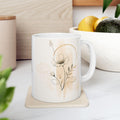 Minimalist Beige Botanical Skull Mug | Neutral Floral Ceramic Cup