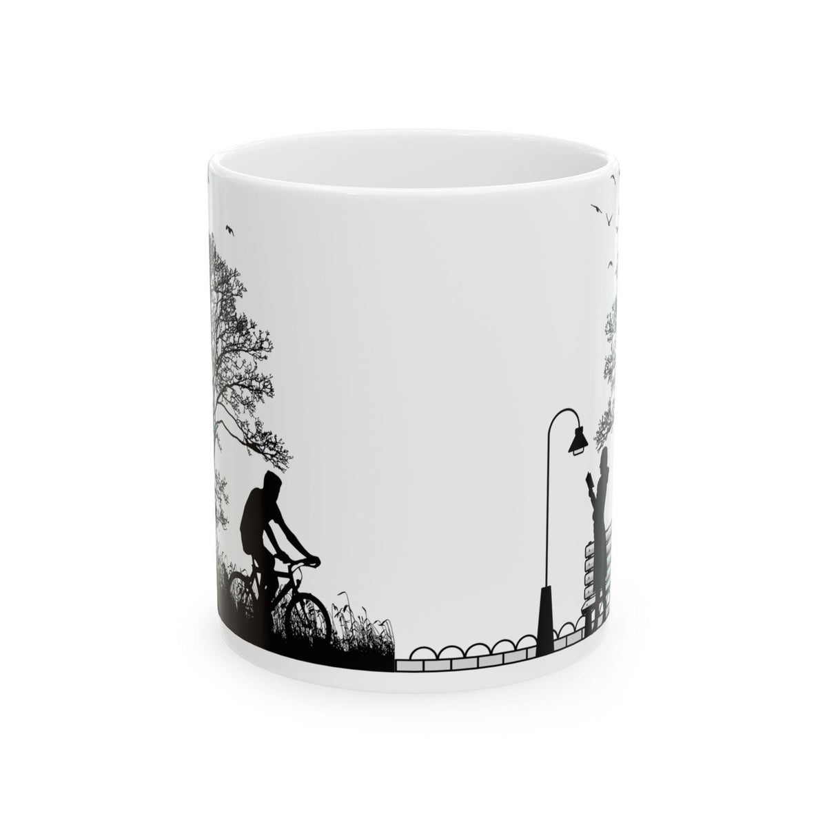 Park Silhouette Scene Mug | Cyclist, Runner, Trees, Birds