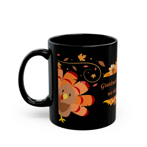 Black Thanksgiving Gratitude Mug, Turkey & Autumn Leaves Design