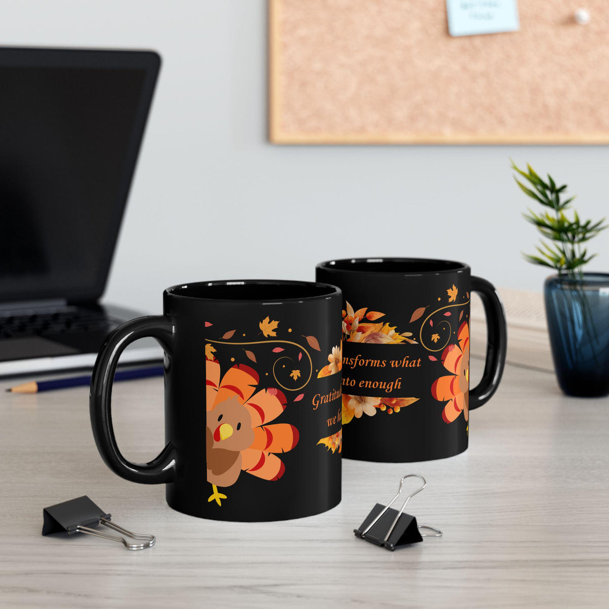 Black Thanksgiving Gratitude Mug, Turkey & Autumn Leaves Design
