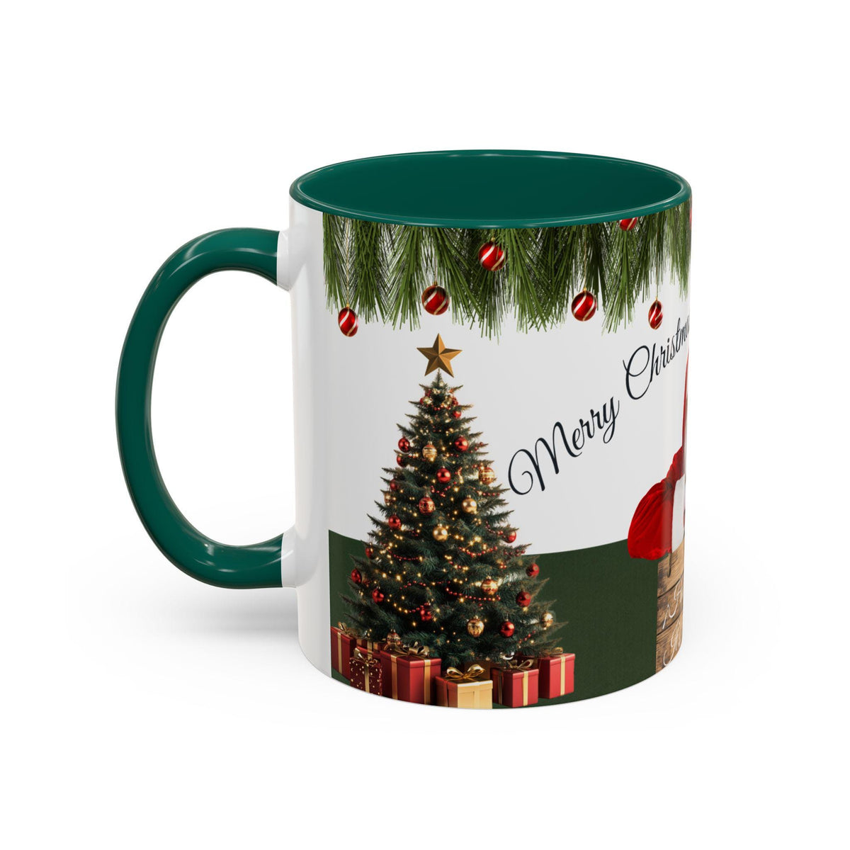 Santa Claus and Christmas Tree Mug | Color Accent Holiday Coffee Cup