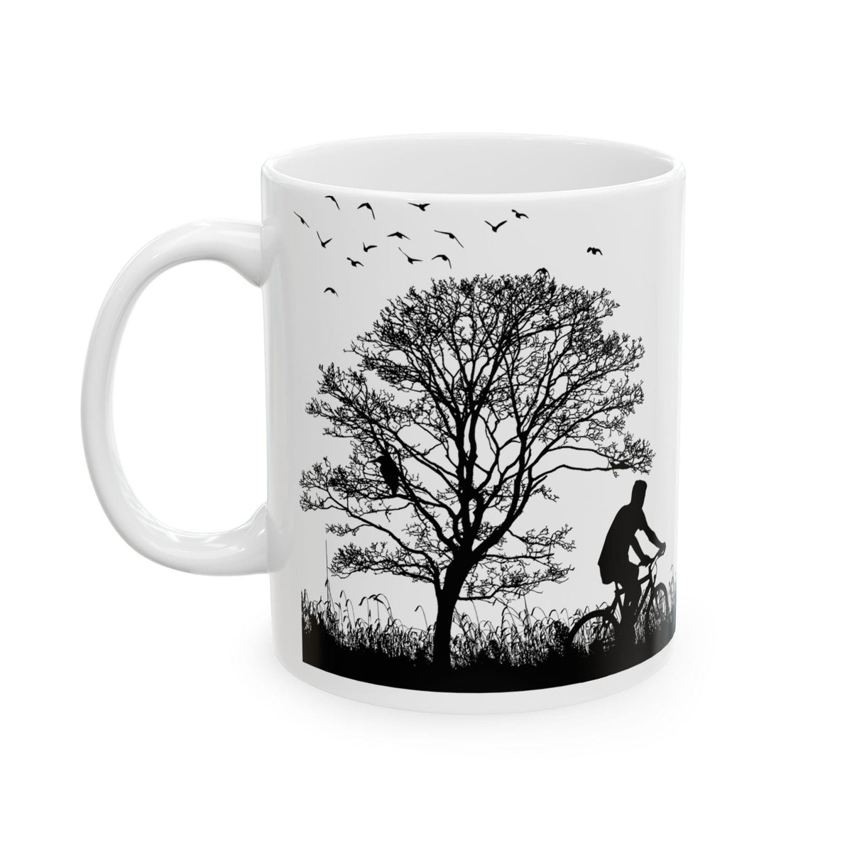 Park Silhouette Scene Mug | Cyclist, Runner, Trees, Birds